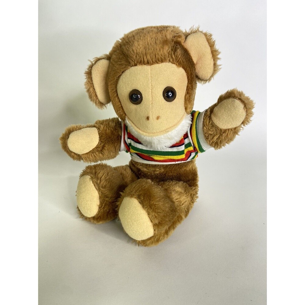 VTG Kmart Monkey Brown White Beard Plush Stuffed Animal Toy Striped Shirt Korea